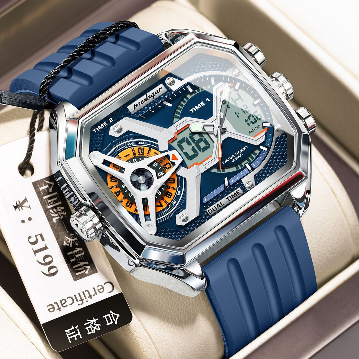 Poedagar E106 Trendy 3 Time Analog Digital watch for Men