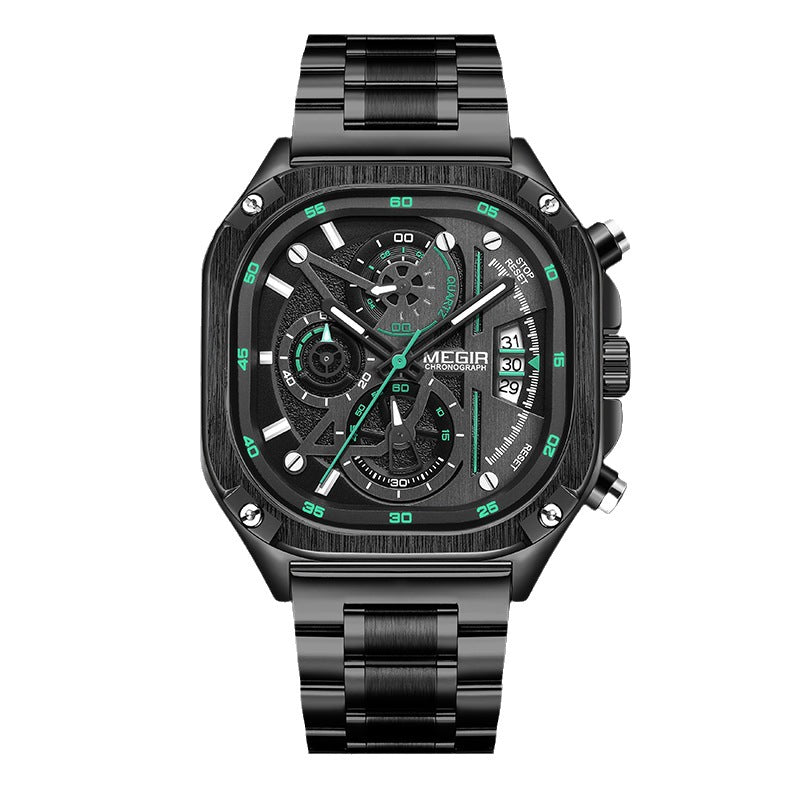 Megir 2217G Square Steel Strap Luminous Quartz watch for men Megir