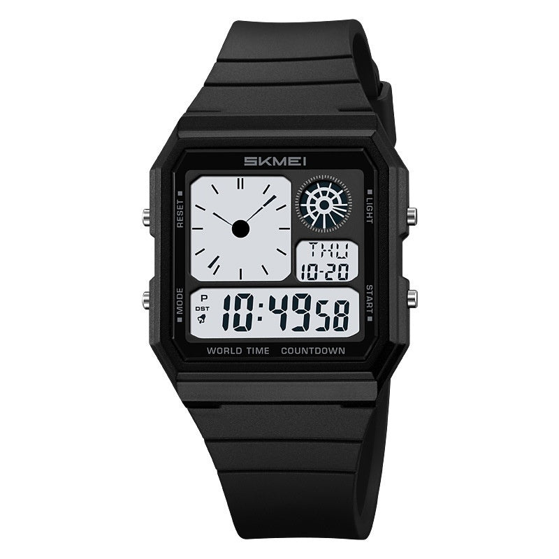 Black digital watch with white display