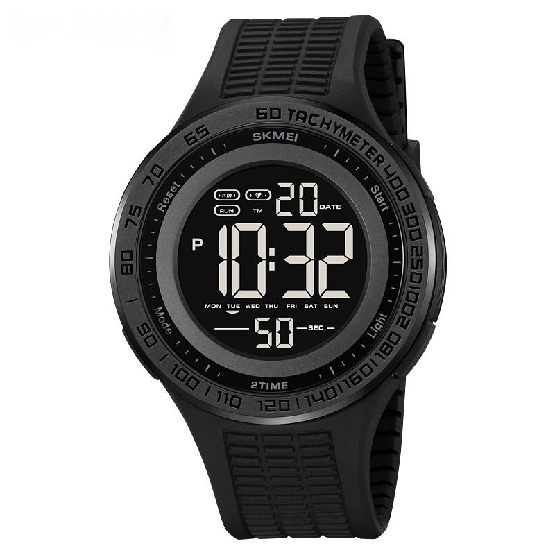 Black digital watch with tachymeter scale on a white background