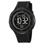 Black digital watch with tachymeter scale on a white background