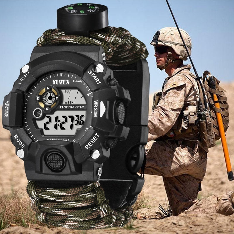 H009 Multifunctional Parachute Cord Outdoor Survival Bracelet Firestone Survival Whistle Compass Digital Watch