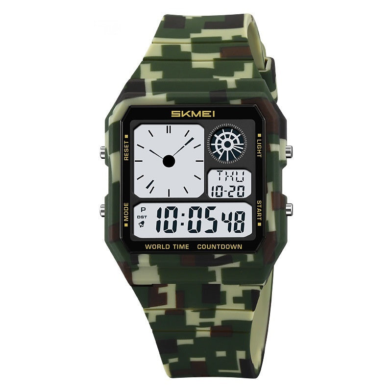 Camouflage-patterned digital watch with square display