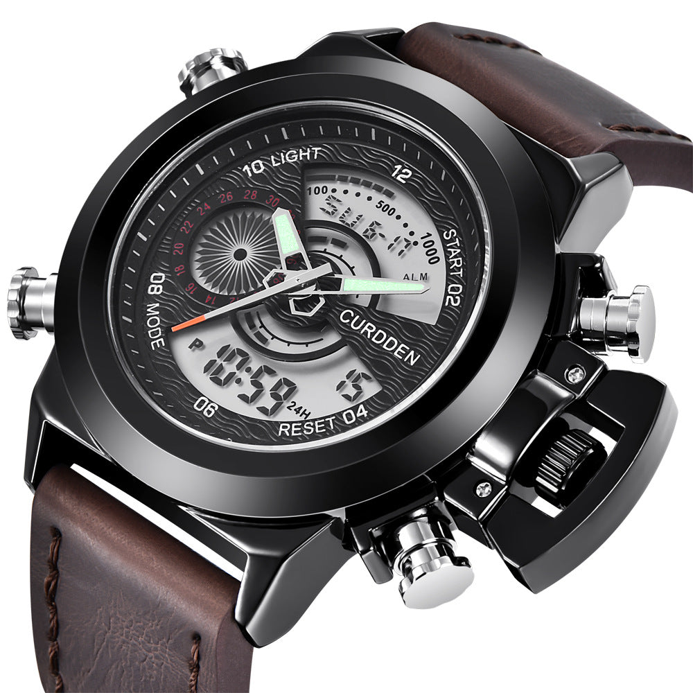CURDDEN 7166Fashion Leather Dual Time Digital Wrist Watch For Men