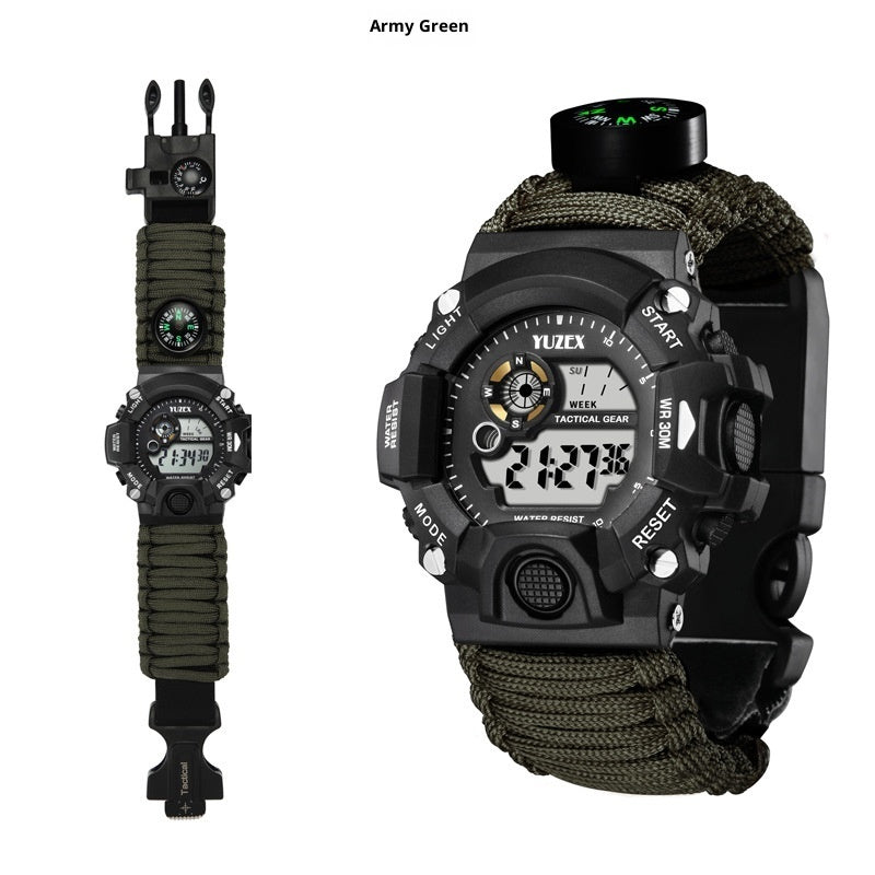 H009 Multifunctional Parachute Cord Outdoor Survival Bracelet Firestone Survival Whistle Compass Digital Watch