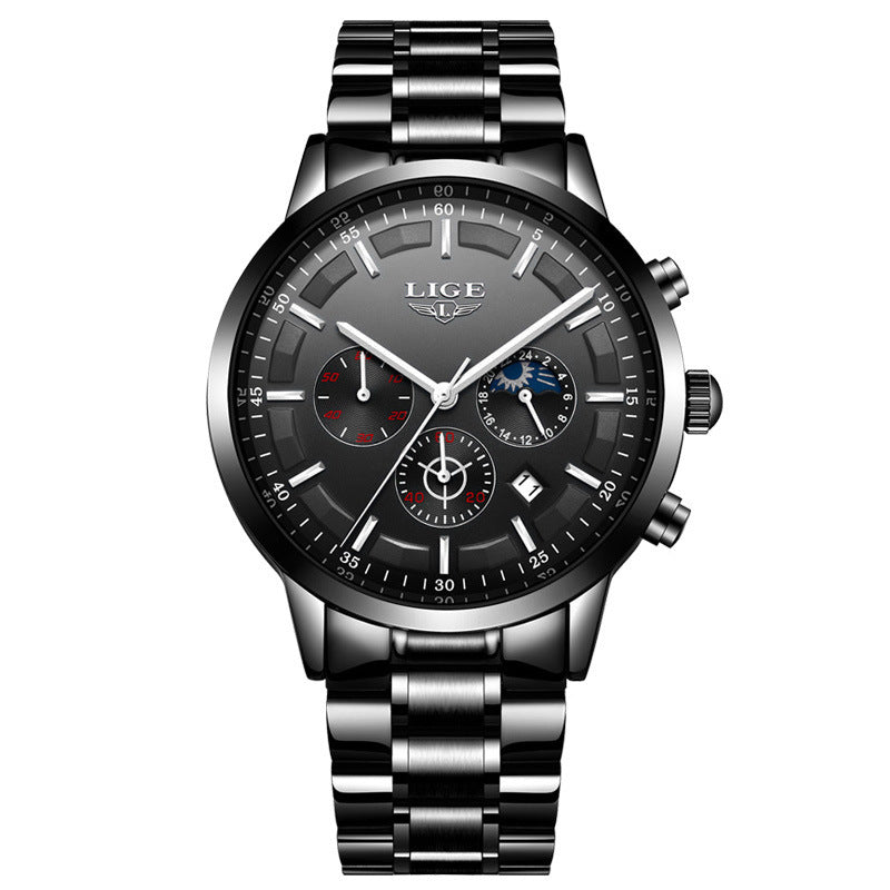 Lige 9877 Steel Moon phase Luxury quartz watch for Men