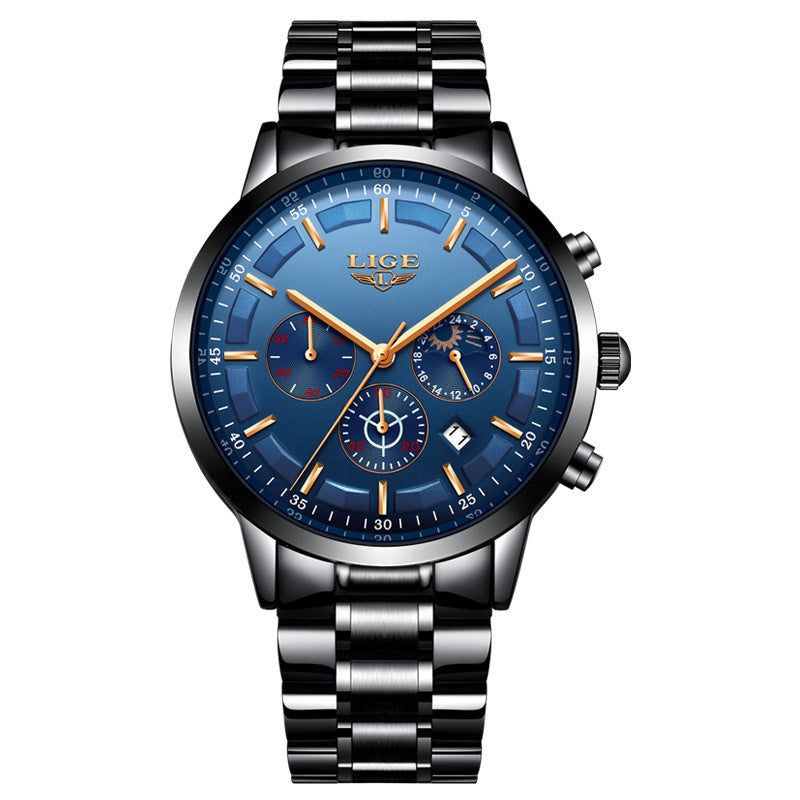 Lige 9877 Steel Moon phase Luxury quartz watch for Men