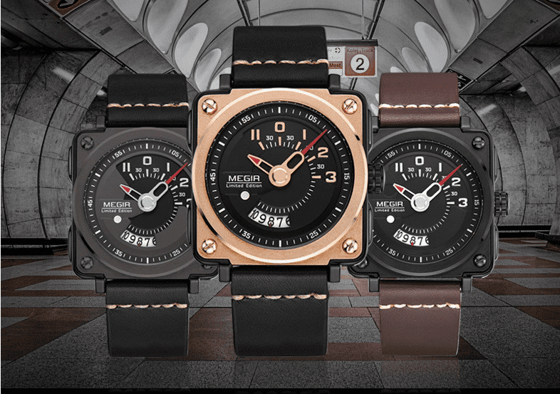 Megir Square Big Dial Watch Calendar Quartz Watch For Men 2040 - Skmeico