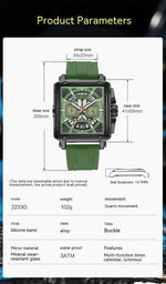 Megir Square Waterproof Luminous Sports Quartz Multi-function Watch