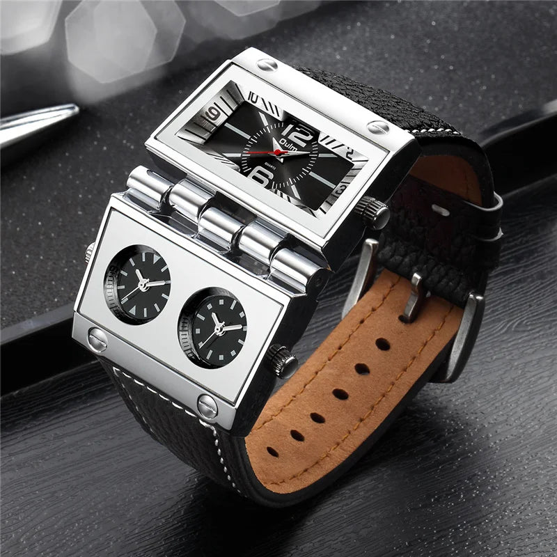 OULM 9525 Big Unique Design Three Time Zone Punk Style Leather Strap Wristwatch For Men