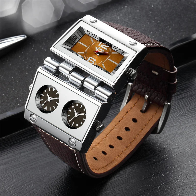 OULM 9525 Big Unique Design Three Time Zone Punk Style Leather Strap Wristwatch For Men