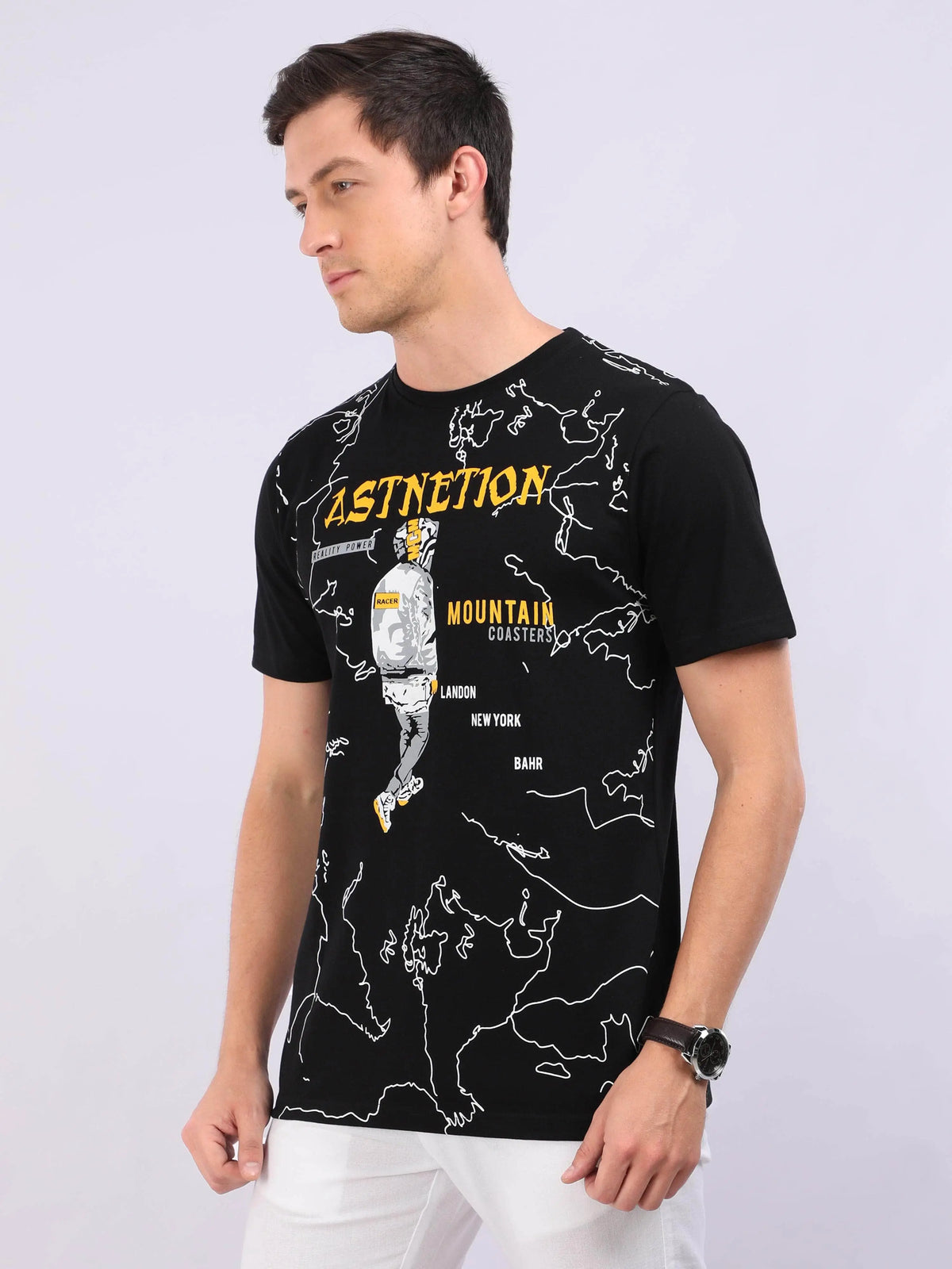 REDpockets Round Neck Black Cotton Graphic Print T-Shirt For Men REDpockets