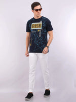 REDpockets Round Neck Navy Blue Cotton Graphic Print T-Shirt For Men REDpockets