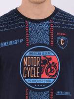 REDpockets Round Neck Navy Blue Cotton Graphic Print T-Shirt For Men REDpockets