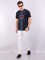 REDpockets Round Neck Navy Blue Cotton Graphic Print T-Shirt For Men REDpockets