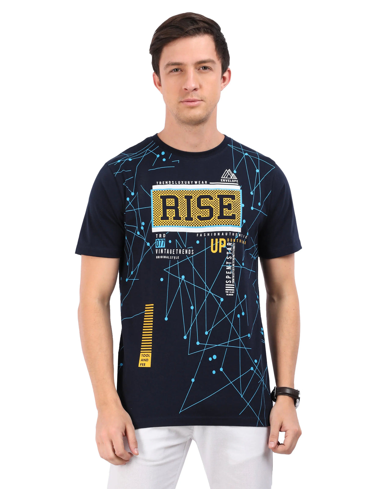 REDpockets Round Neck Navy Blue Cotton Graphic Print T-Shirt For Men REDpockets