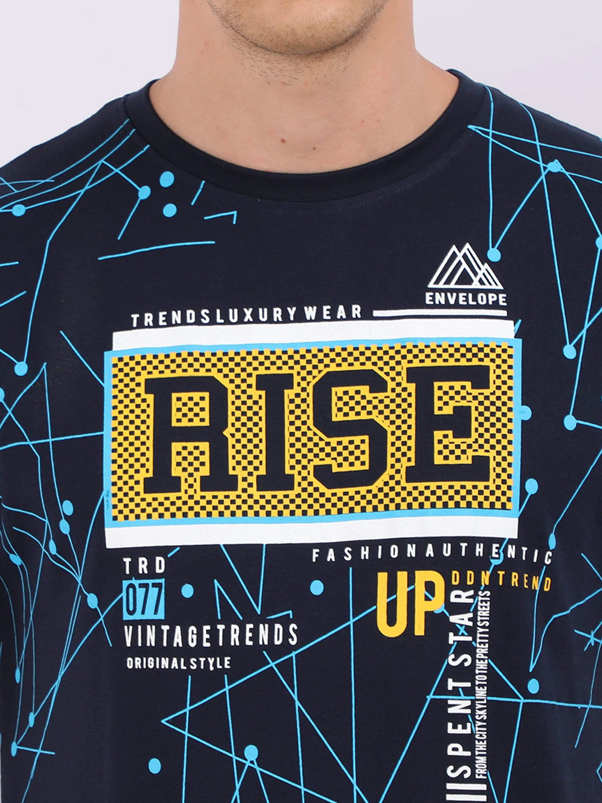 REDpockets Round Neck Navy Blue Cotton Graphic Print T-Shirt For Men REDpockets