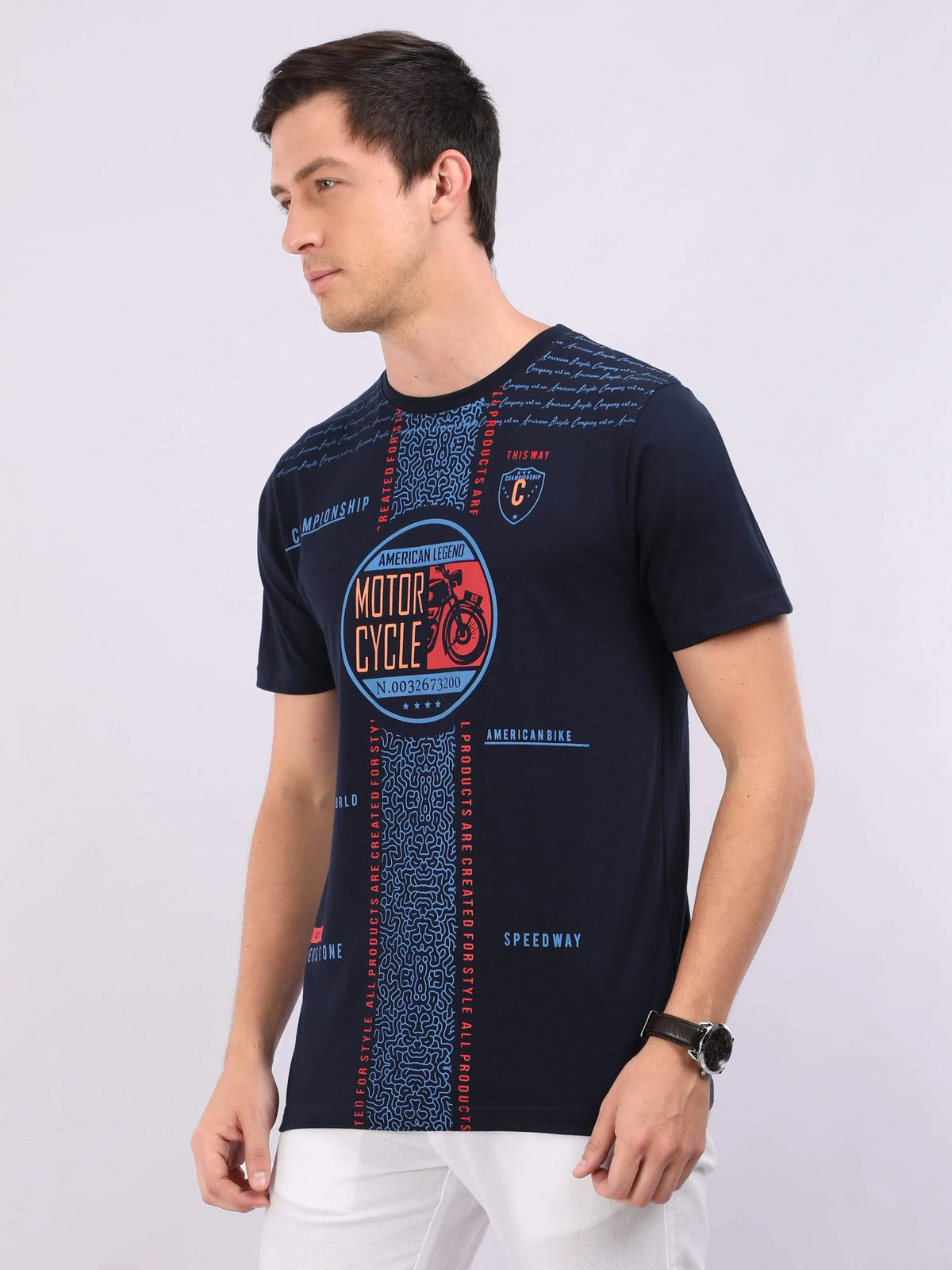 REDpockets Round Neck Navy Blue Cotton Graphic Print T-Shirt For Men REDpockets