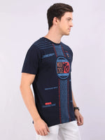 REDpockets Round Neck Navy Blue Cotton Graphic Print T-Shirt For Men REDpockets