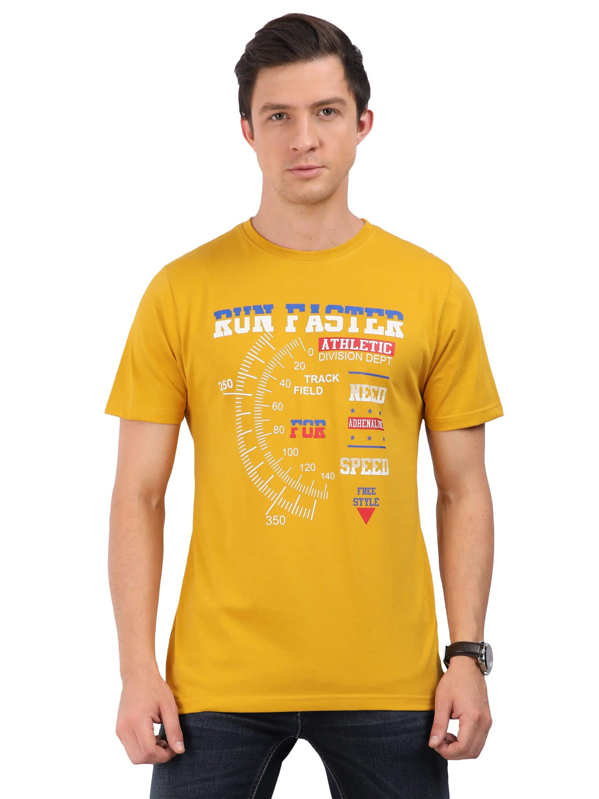 REDpockets Round Neck Yellow Cotton Printed T-Shirt For Men REDpockets