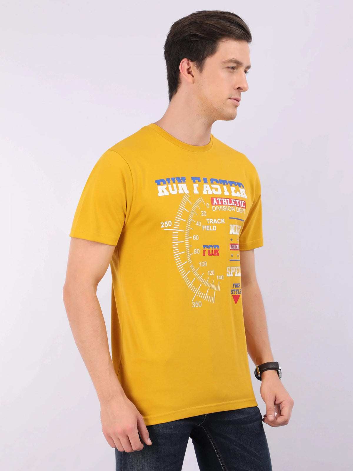 REDpockets Round Neck Yellow Cotton Printed T-Shirt For Men REDpockets