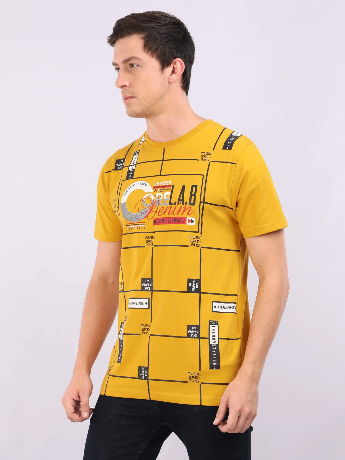 REDpockets Round Neck Yellow Cotton Printed TShirt For Men R007 REDpockets