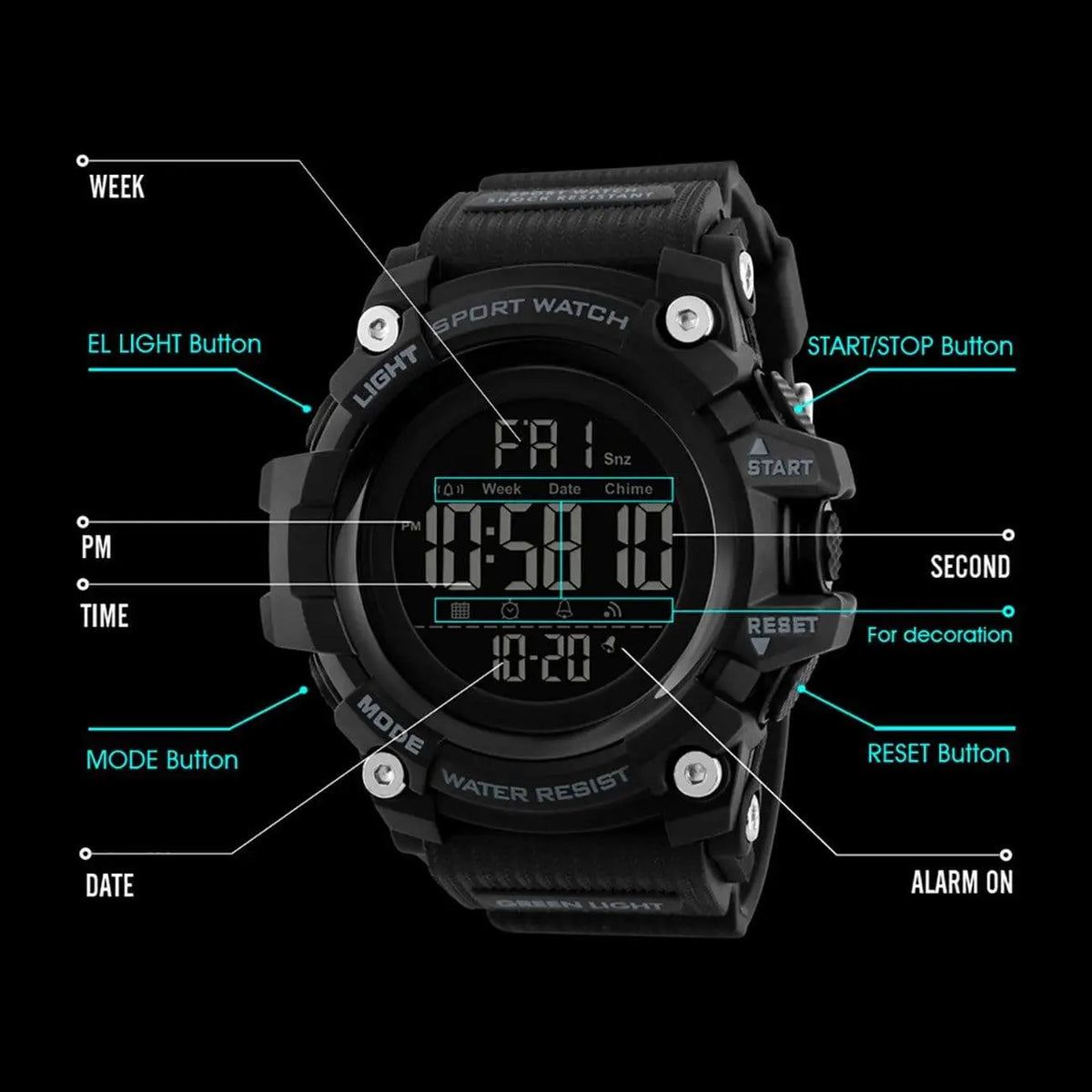 Skmei 1384 Original Luxury Men Wrist Watch Waterproof LED Electronic Digital Male Watch Countdown Stopwatch Sport Watch Mens Watches Skmei
