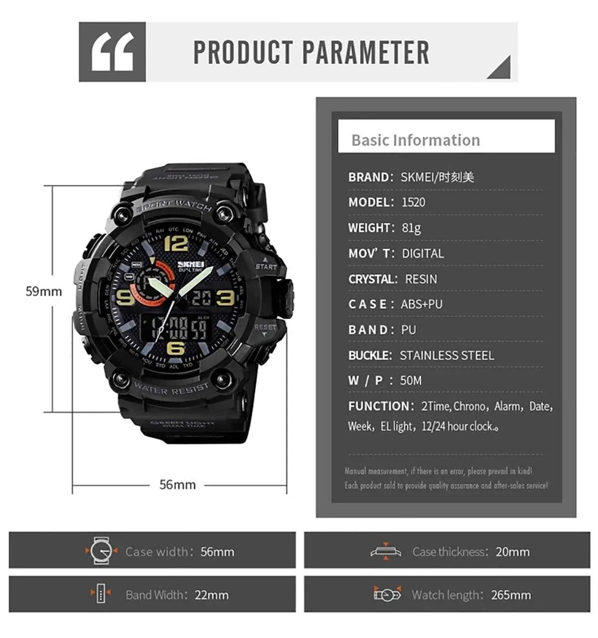 Skmei 1520 Original Analog Digital Multifunction watch for Men Skmei