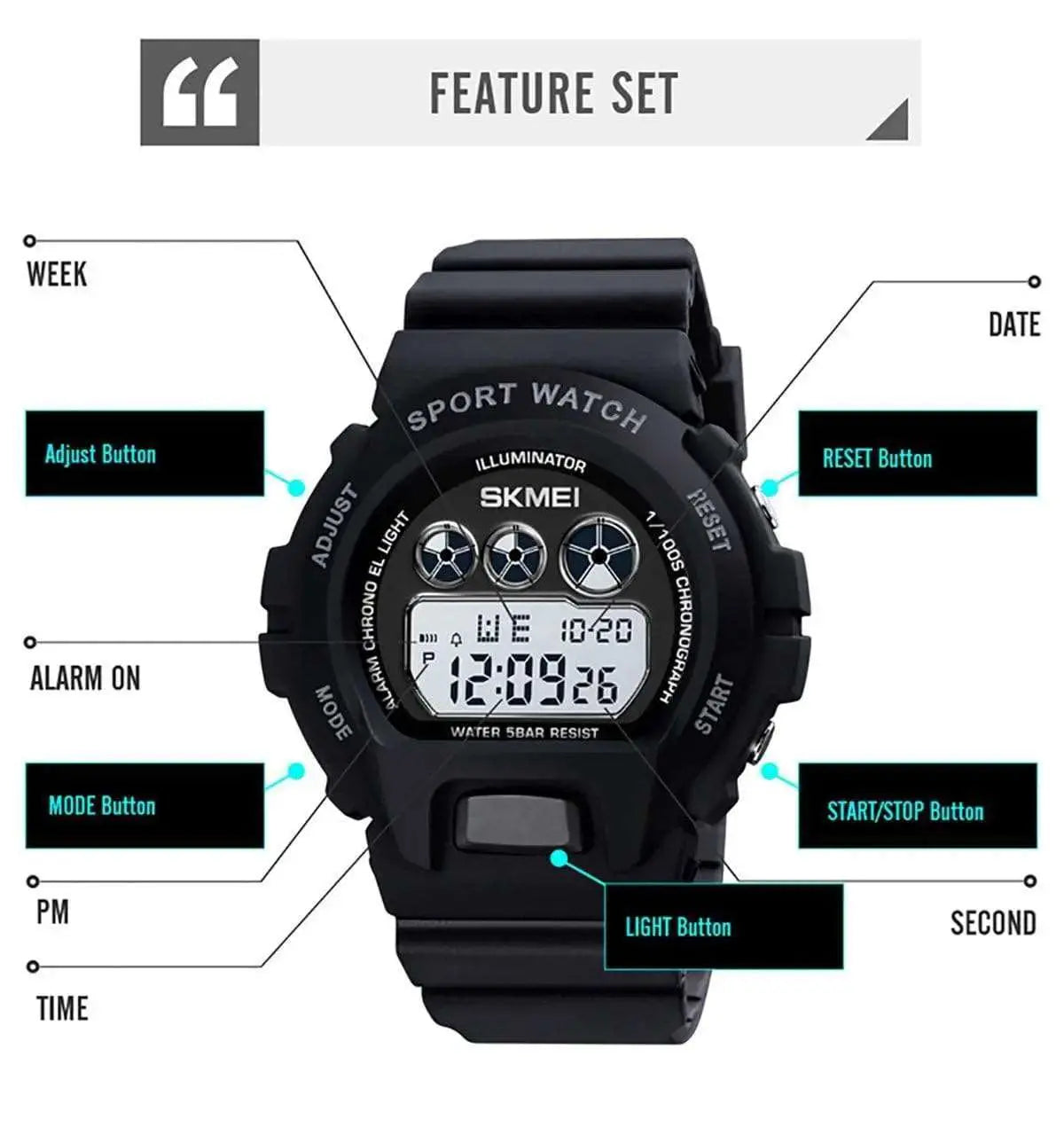 Skmei 1775 Black Original Multifunction Sport Wrist Watch Army Military Led Clock Waterproof Digital Watch for Boys & Girls Skmei