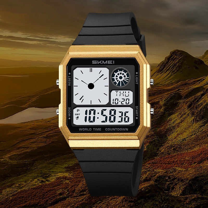 Gold digital watch with black strap on a mountainous background