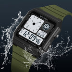 Digital watch with green strap