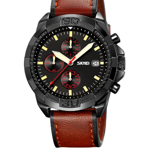 Skmei 9347 Belt Three Eyes And Six Needles Timing Quartz Wrist Watch For Men