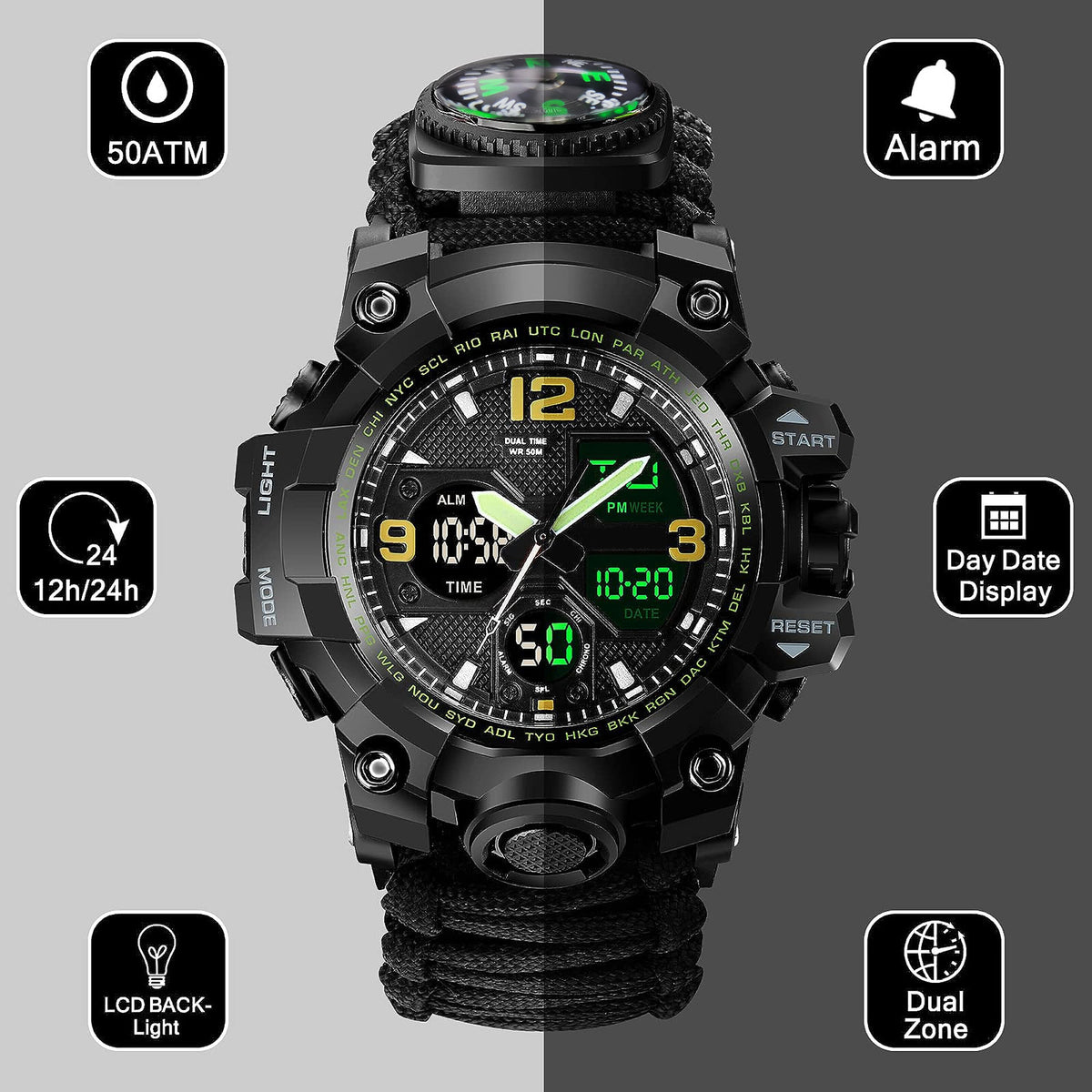 Waterproof Dual Display Electronic Tactical 23 in 1 Bikers Riders Sports Watch For men