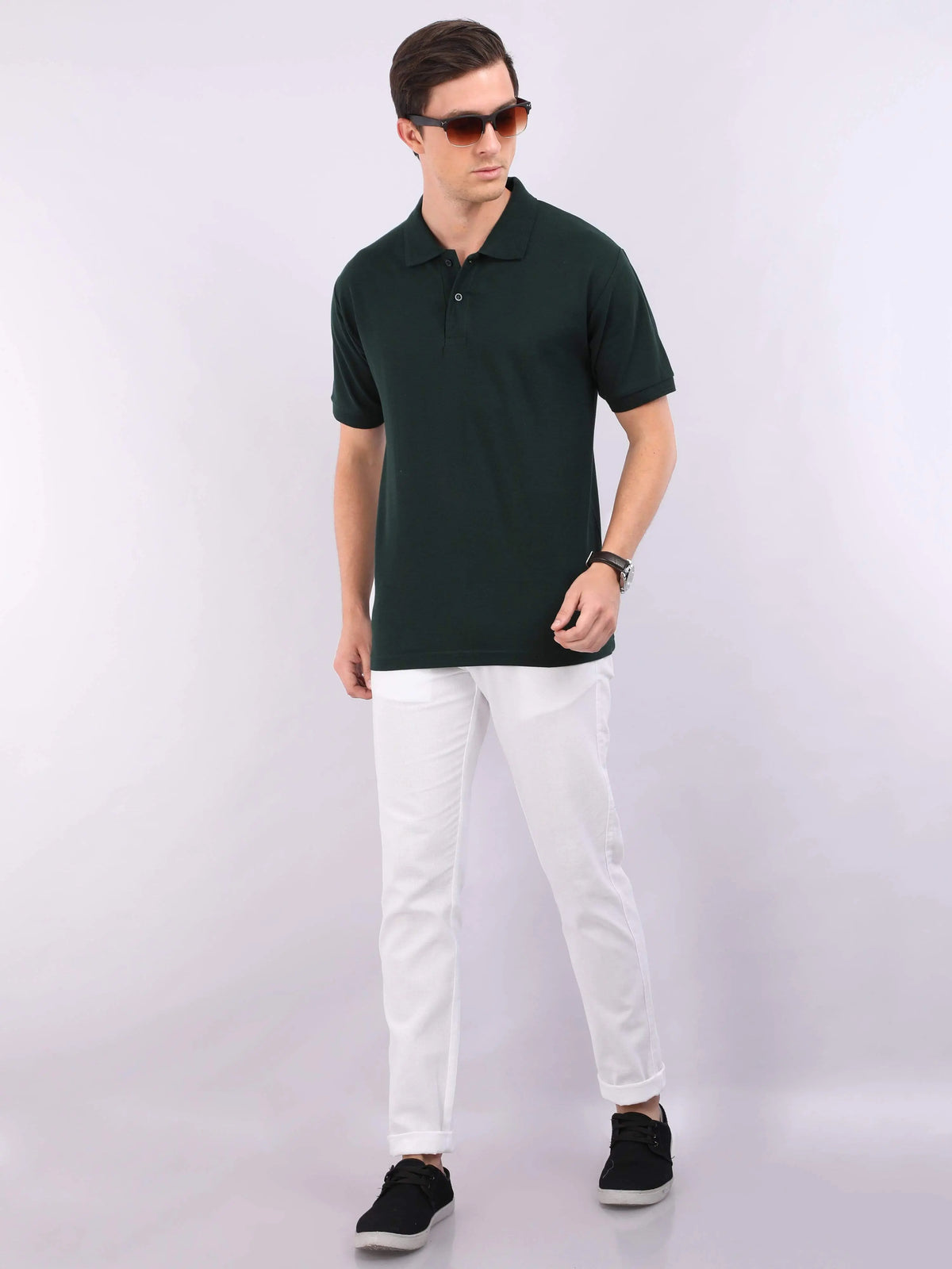 Xura Solid Men Polo Neck Dark Green Regular Fit T-Shirt Plain Xura