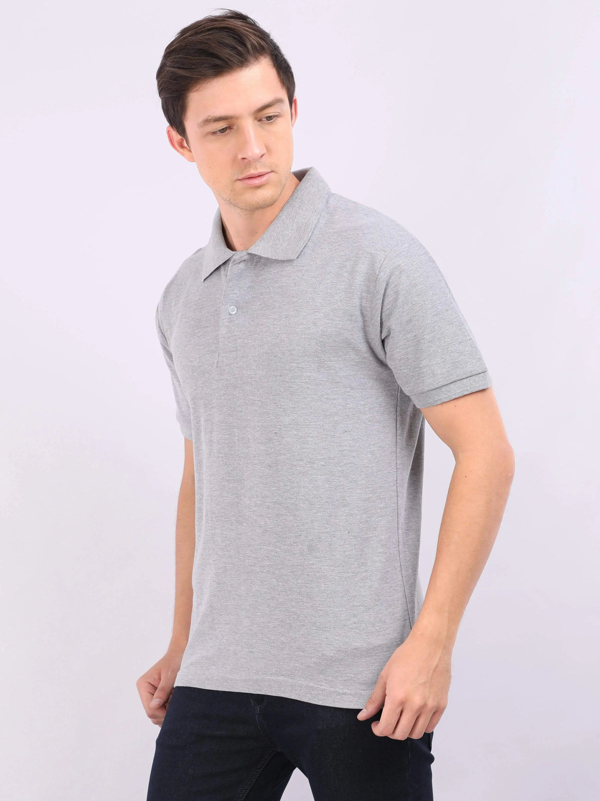 Xura Solid Men Polo Neck Grey Melange Regular Fit T-Shirt Plain Xura