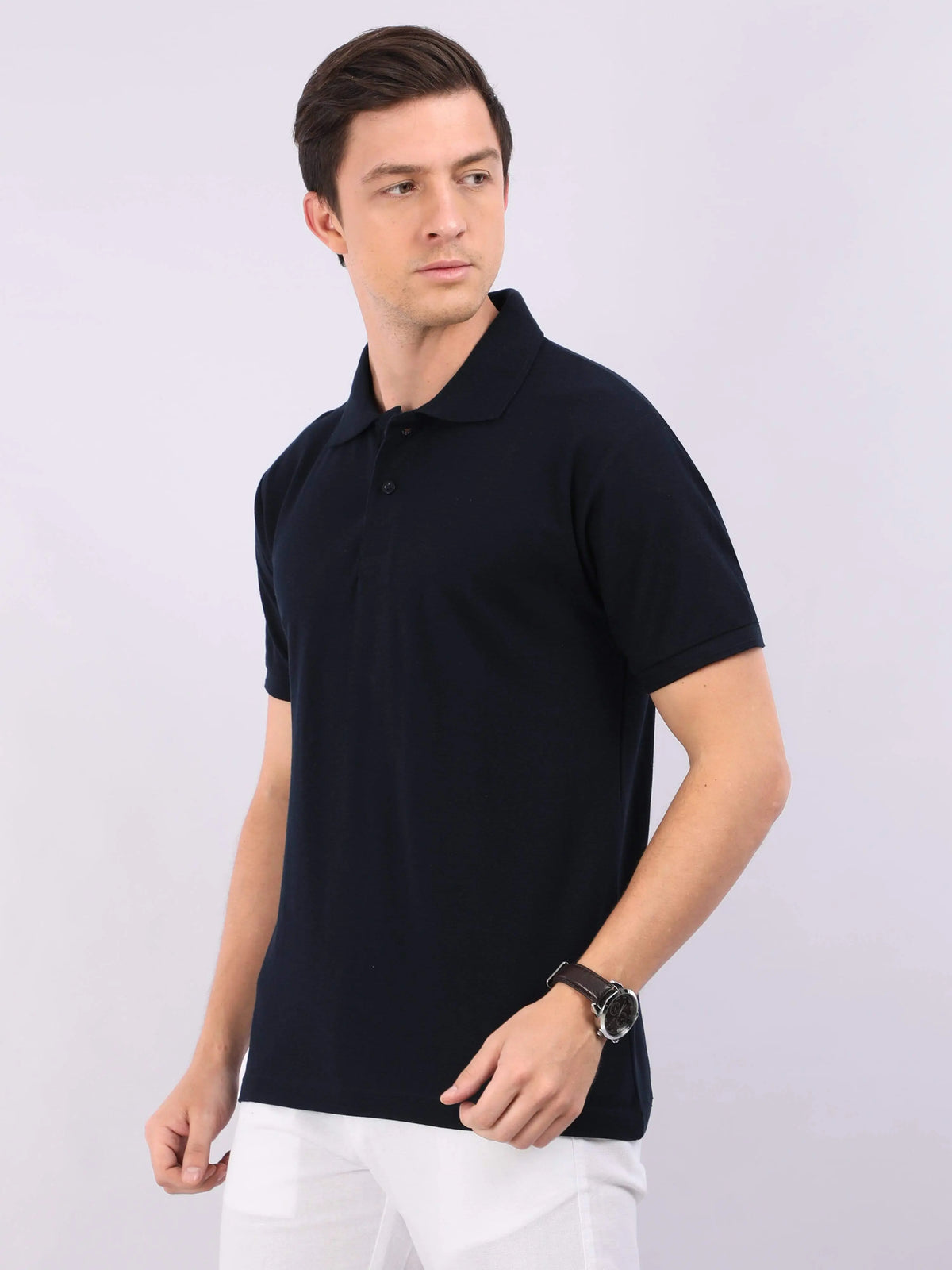 Xura Solid Men Polo Neck Navy Blue Regular Fit T-Shirt Plain Xura