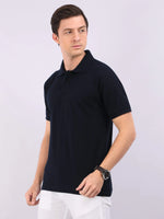 Xura Solid Men Polo Neck Navy Blue Regular Fit T-Shirt Plain Xura