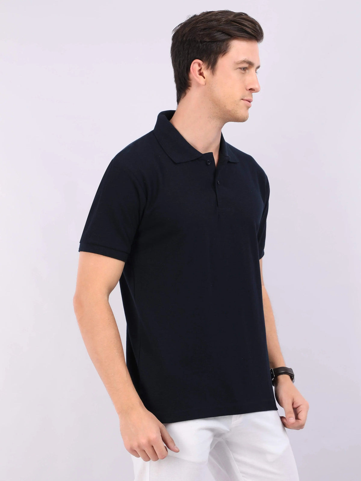 Xura Solid Men Polo Neck Navy Blue Regular Fit T-Shirt Plain Xura