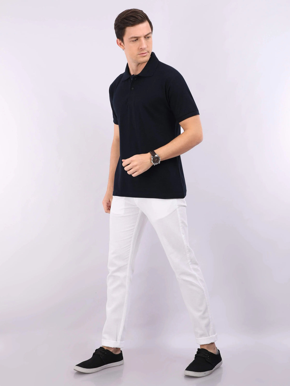 Xura Solid Men Polo Neck Navy Blue Regular Fit T-Shirt Plain Xura