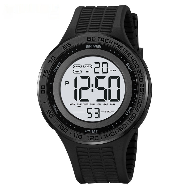 Black digital watch with tachymeter scale on a white background