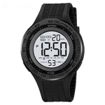 Black digital watch with tachymeter scale on a white background