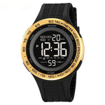 Digital watch with black strap and gold bezel on a white background