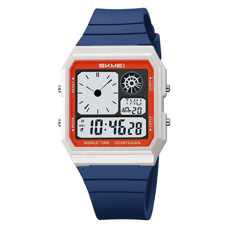 Digital watch with a blue strap and red face