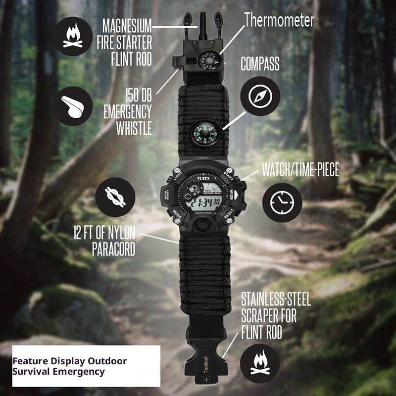 H009 Multifunctional Parachute Cord Outdoor Survival Bracelet Firestone Survival Whistle Compass Digital Watch