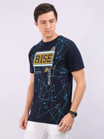 REDpockets Round Neck Navy Blue Cotton Graphic Print T-Shirt For Men REDpockets
