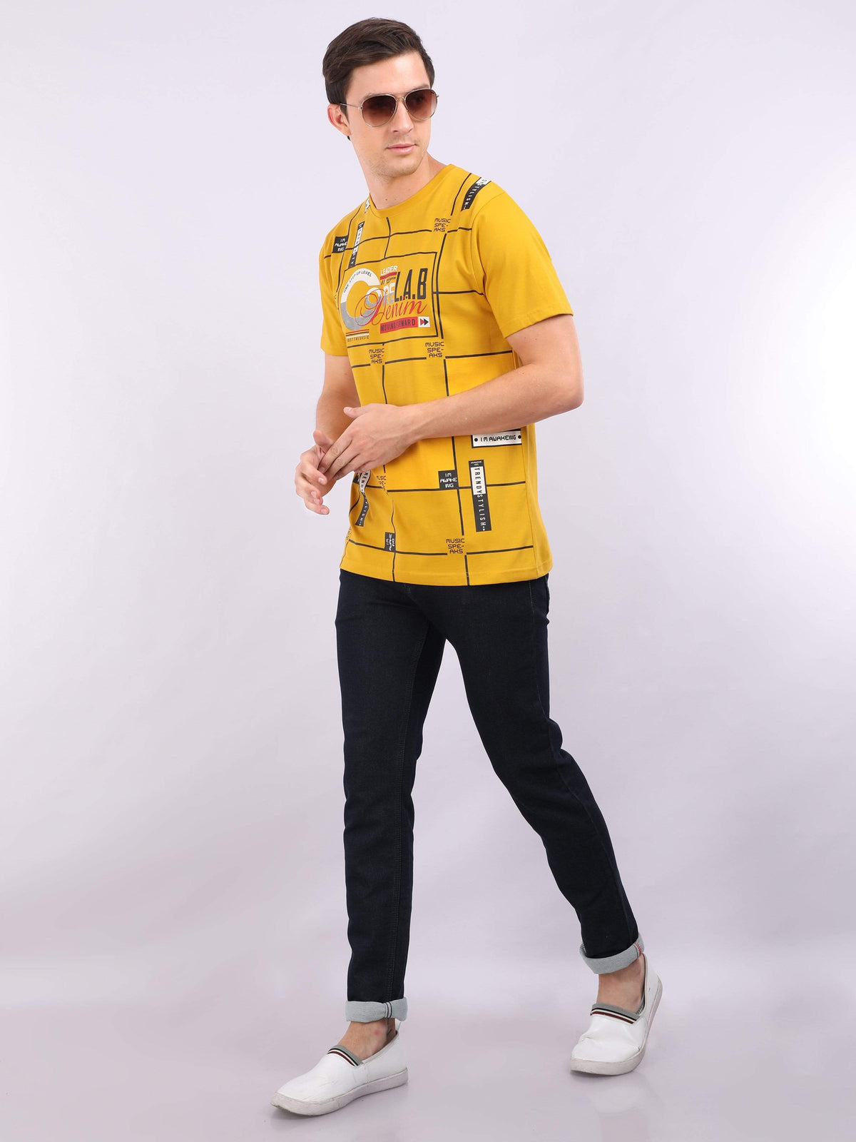 REDpockets Round Neck Yellow Cotton Printed TShirt For Men R007 REDpockets