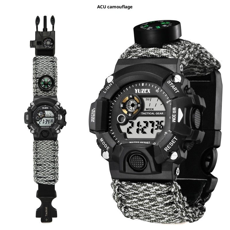 H009 Multifunctional Parachute Cord Outdoor Survival Bracelet Firestone Survival Whistle Compass Digital Watch