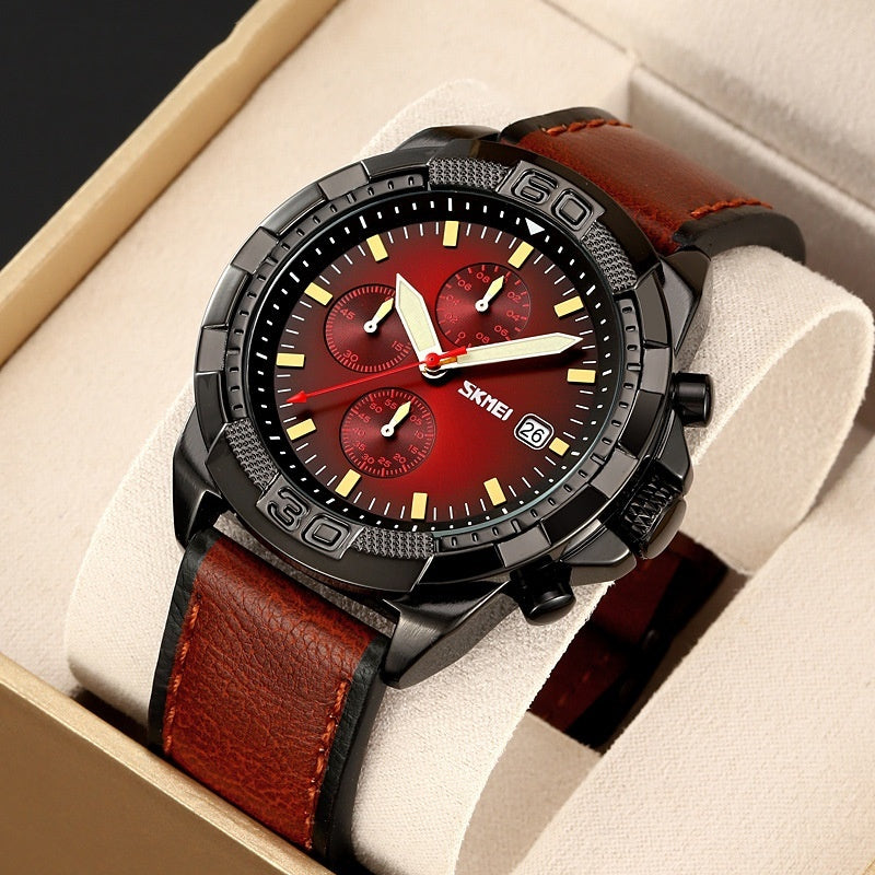 Skmei 9347 Belt Three Eyes And Six Needles Timing Quartz Wrist Watch For Men