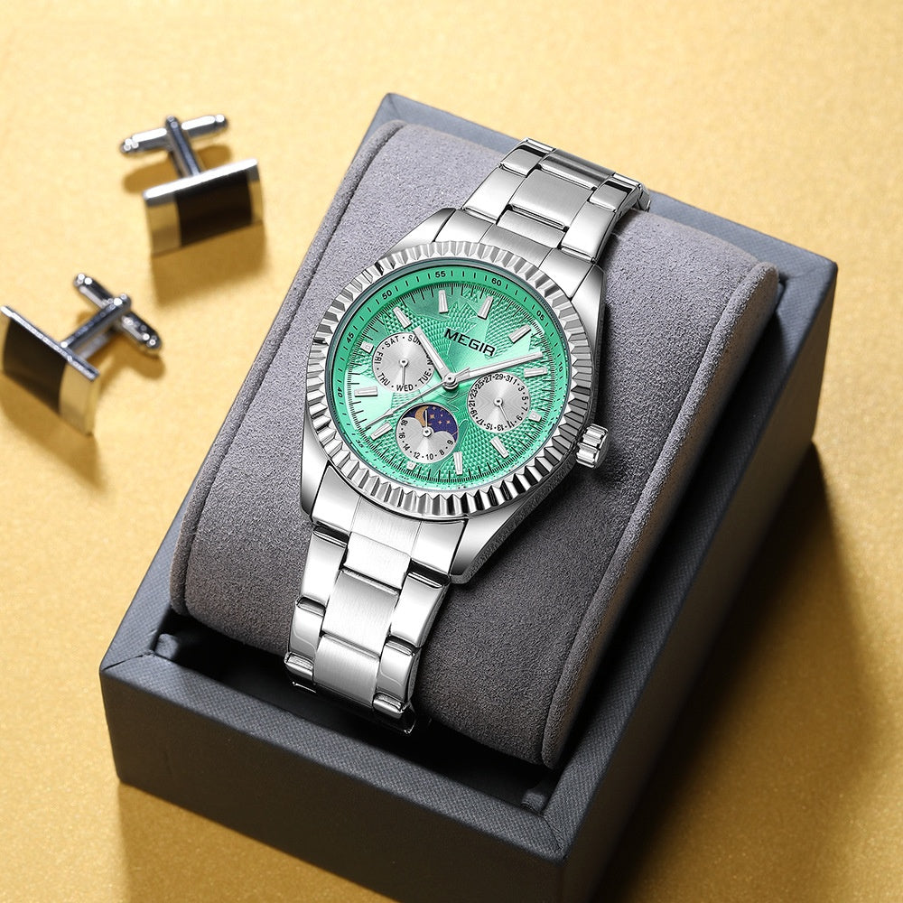Megir 1102 Lunar Phase Steel-Strap Waterproof Quartz Watch for men