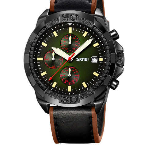 Skmei 9347 Belt Three Eyes And Six Needles Timing Quartz Wrist Watch For Men